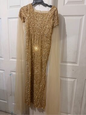 Gold Sequin Formal Dress for Girls with Tulle Cape